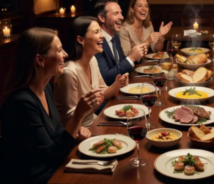 Kadry z wydarzeń: goście przy stołach, świece i talerze z daniami w restauracji
