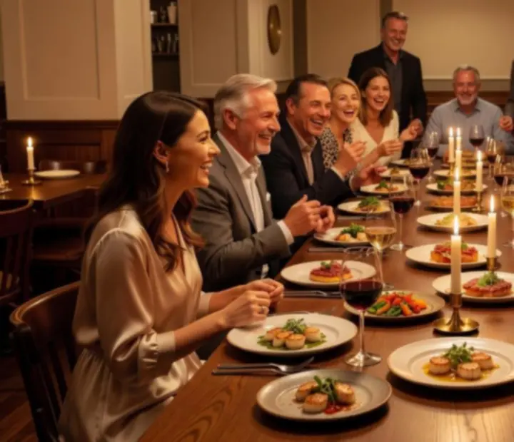 Grupa gości przy eleganckim, wspólnym stole w restauracji Wonderstar s. r. o.