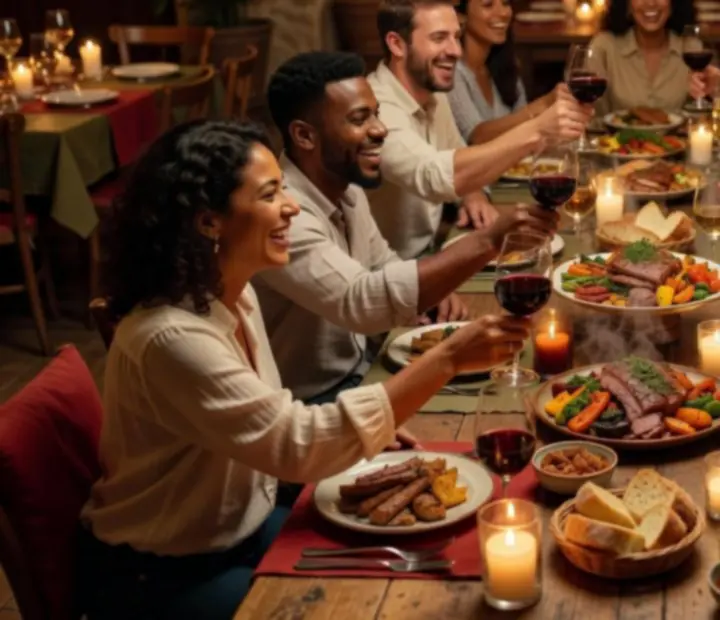 Goście świętujący wspólną kolację przy świecach w restauracji