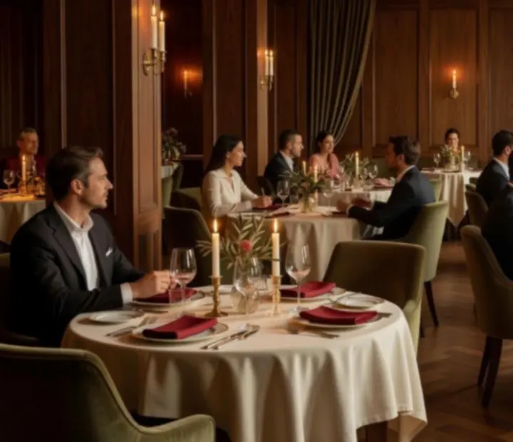 Panoramiczny widok restauracji Wonderstar s. r. o. z nakrytymi stołami i ciepłym światłem świec