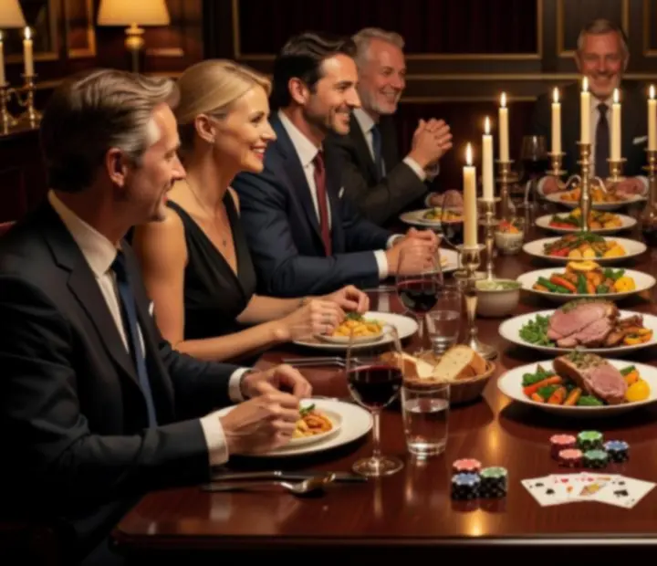 Elegancki stół restauracyjny Wonderstar s. r. o. z talią kart i symbolicznymi żetonami obok kieliszków wina