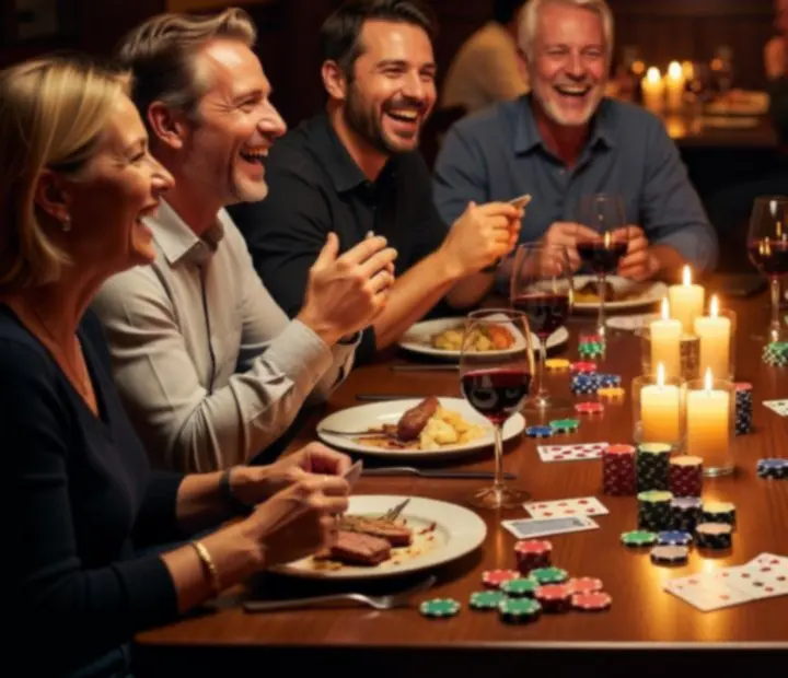 Stół w restauracji z kartami i symbolicznymi żetonami obok kieliszków wina podczas wieczoru pokerowego