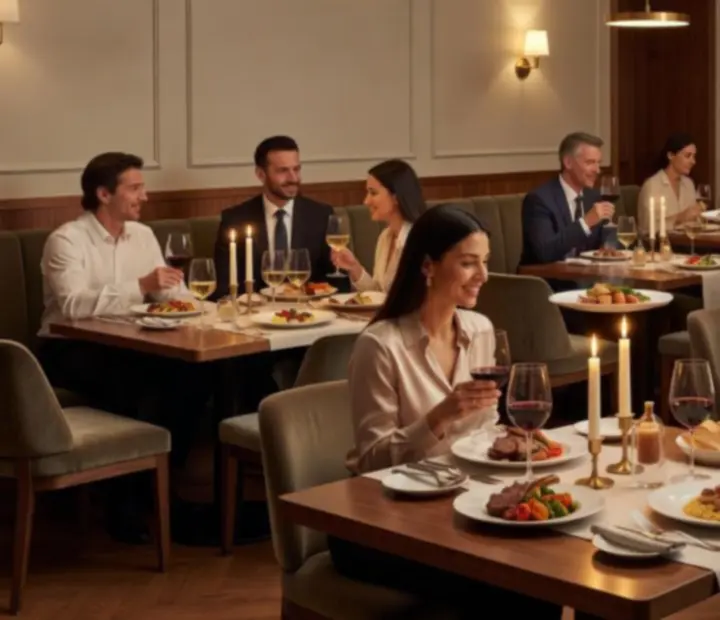 Panoramiczny widok wieczornej sali restauracyjnej Wonderstar s. r. o. z nakrytymi stołami i ciepłym światłem świec