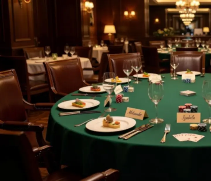 Rozłożony stół pokerowy z kartami, symbolicznymi żetonami i kartami rezerwacji w restauracji