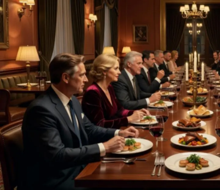 Elegancka sala restauracyjna z grupą osób podczas kolacji firmowej