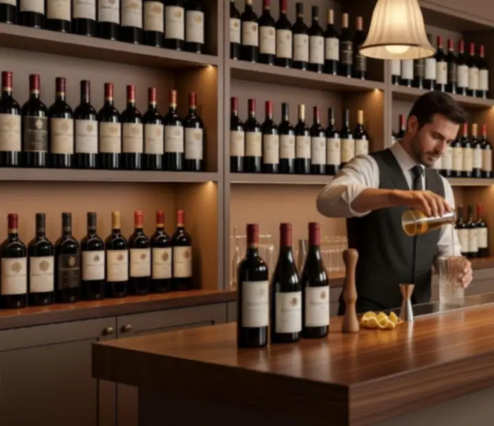 Wieczorne ujęcie baru z winami i koktajlami w restauracji Wonderstar s. r. o.